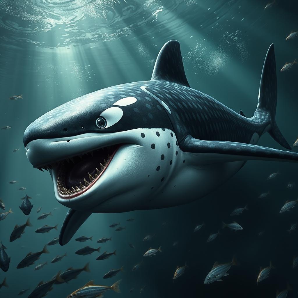 An intimidating and wild hybrid creature that fuses the features of a whale shark and a male orca