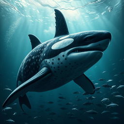 An intimidating and wild hybrid creature that fuses the features of a whale shark and a male orca
