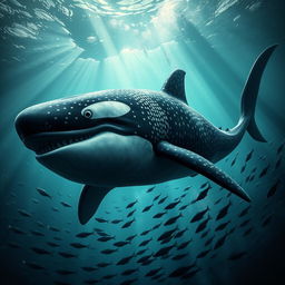 An intimidating and wild hybrid creature that fuses the features of a whale shark and a male orca