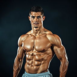 An artistic and tasteful representation of a male athlete, inspired by Cristiano Ronaldo's physique, portrayed in a confident and powerful pose