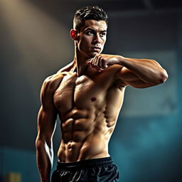 An artistic and tasteful representation of a male athlete, inspired by Cristiano Ronaldo's physique, portrayed in a confident and powerful pose