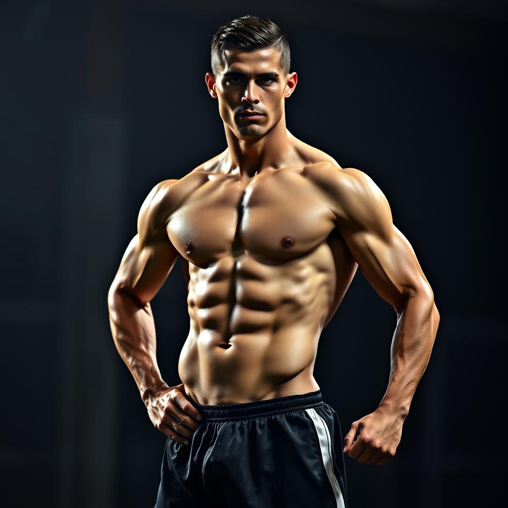 An artistic and tasteful representation of a male athlete, inspired by Cristiano Ronaldo's physique, portrayed in a confident and powerful pose