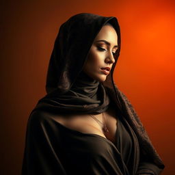A sensual and artistic portrayal of a woman wearing a beautifully patterned hijab, showcasing an elegant and alluring fashion style
