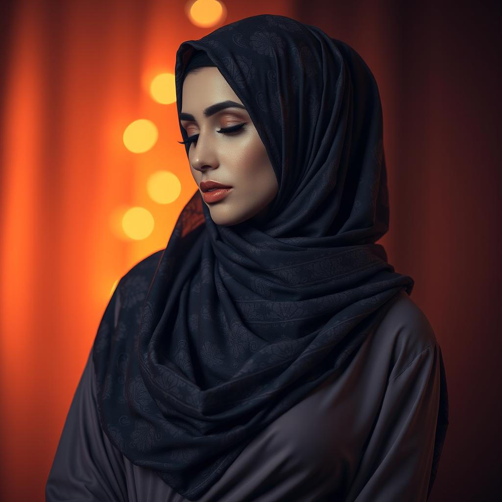 A sensual and artistic portrayal of a woman wearing a beautifully patterned hijab, showcasing an elegant and alluring fashion style