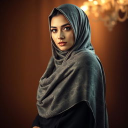 A sensual and artistic portrayal of a woman wearing a beautifully patterned hijab, showcasing an elegant and alluring fashion style