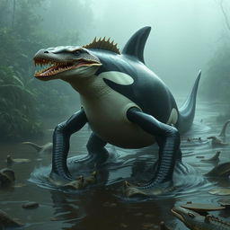 An imaginative hybrid creature that combines features of a male orca, a reptile, a piranha, and a crocodile