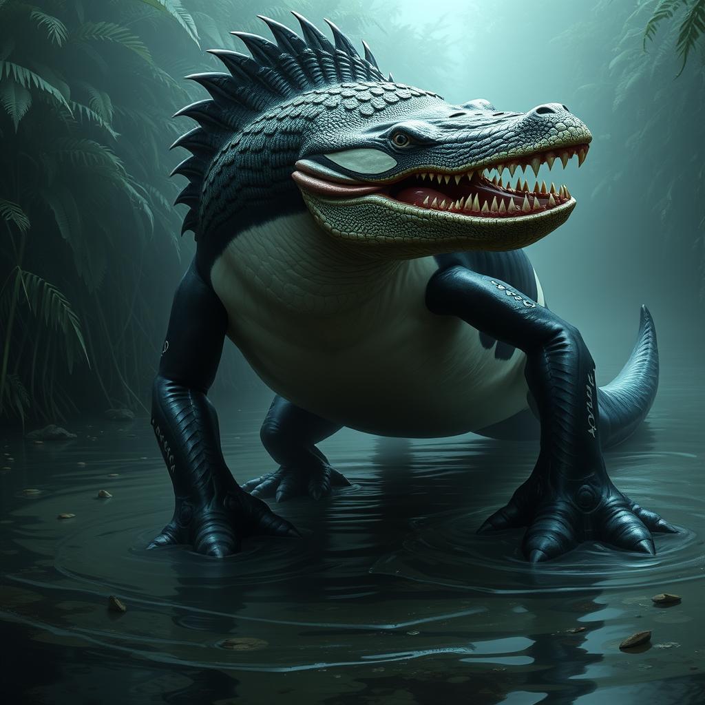 An imaginative hybrid creature that combines features of a male orca, a reptile, a piranha, and a crocodile