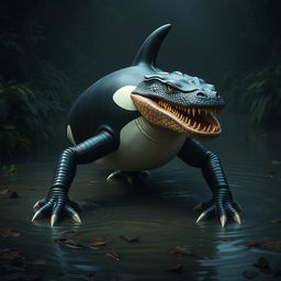 An imaginative hybrid creature that combines features of a male orca, a reptile, a piranha, and a crocodile