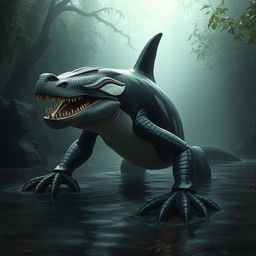 An imaginative hybrid creature that combines features of a male orca, a reptile, a piranha, and a crocodile