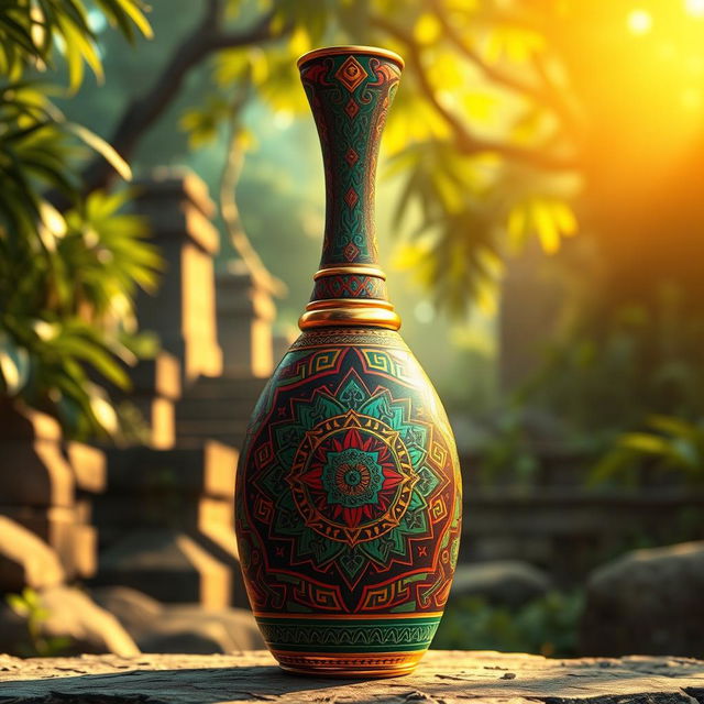 A beautifully designed perfume bottle inspired by Aztec art, featuring intricate geometric patterns and vibrant colors reminiscent of traditional Aztec motifs