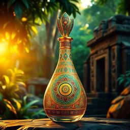 A beautifully designed perfume bottle inspired by Aztec art, featuring intricate geometric patterns and vibrant colors reminiscent of traditional Aztec motifs