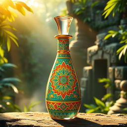A beautifully designed perfume bottle inspired by Aztec art, featuring intricate geometric patterns and vibrant colors reminiscent of traditional Aztec motifs