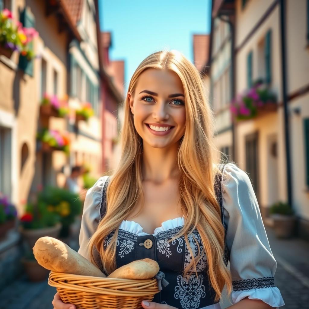 A beautiful German woman enjoying a sunny day in a picturesque village