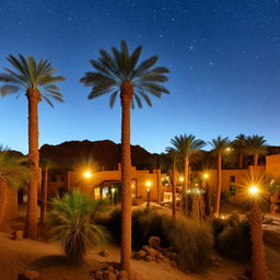 A quaint, rustic hotel nestled in the picturesque Siwa Oasis, surrounded by palm trees and crystal clear springs with a stunning view of the brilliant Saharan night sky.