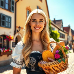 A beautiful German woman enjoying a sunny day in a picturesque village