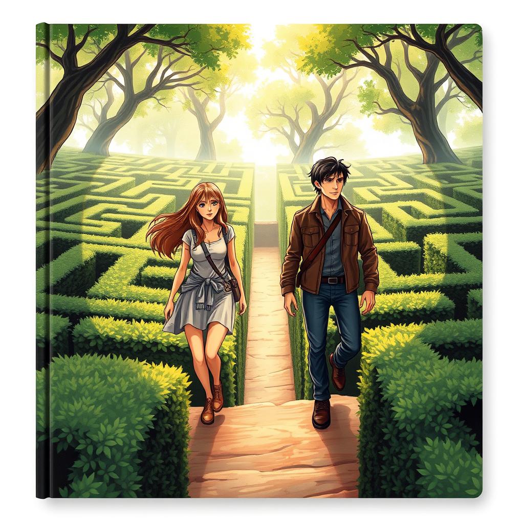 A captivating book cover illustrating two figures navigating a complex, intricate maze