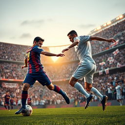 An intense football match scenario where a Barcelona FC player in their iconic blue and garnet uniform skillfully outplays a Real Madrid FC player in their classic white kit