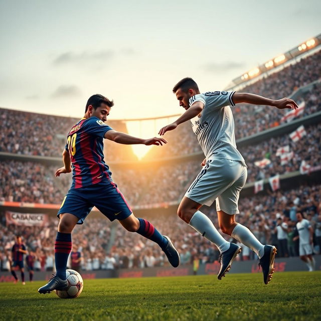 An intense football match scenario where a Barcelona FC player in their iconic blue and garnet uniform skillfully outplays a Real Madrid FC player in their classic white kit