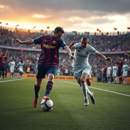 An intense football match scenario where a Barcelona FC player in their iconic blue and garnet uniform skillfully outplays a Real Madrid FC player in their classic white kit