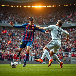 An intense football match scenario where a Barcelona FC player in their iconic blue and garnet uniform skillfully outplays a Real Madrid FC player in their classic white kit