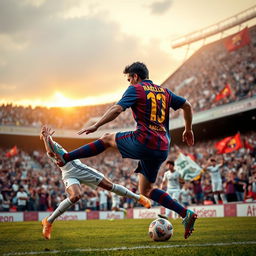 An intense football match scenario where a Barcelona FC player in their iconic blue and garnet uniform skillfully outplays a Real Madrid FC player in their classic white kit