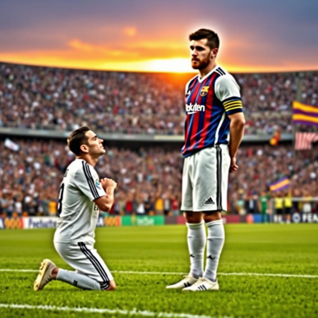 A dramatic scene on the football pitch where a Real Madrid player, wearing their classic white kit, is kneeling in front of a Barcelona player dressed in their iconic blue and garnet uniform