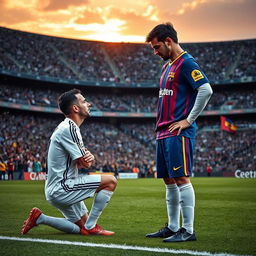 A dramatic scene on the football pitch where a Real Madrid player, wearing their classic white kit, is kneeling in front of a Barcelona player dressed in their iconic blue and garnet uniform