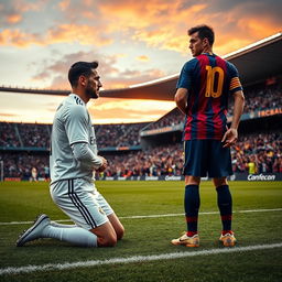 A dramatic scene on the football pitch where a Real Madrid player, wearing their classic white kit, is kneeling in front of a Barcelona player dressed in their iconic blue and garnet uniform