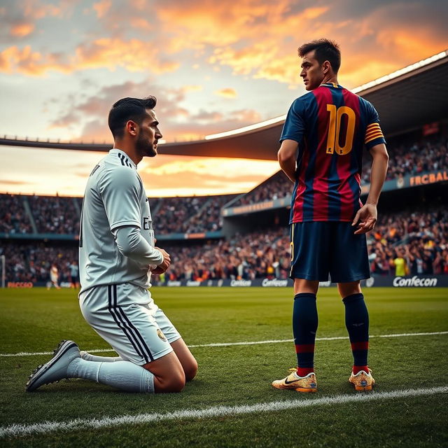 A dramatic scene on the football pitch where a Real Madrid player, wearing their classic white kit, is kneeling in front of a Barcelona player dressed in their iconic blue and garnet uniform