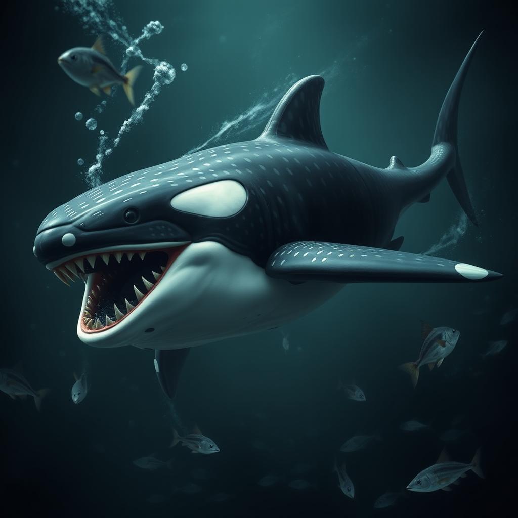 A fearsome hybrid creature that combines the features of a whale shark, a male orca, and a piranha, showcasing a wild and intimidating presence