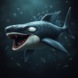 A fearsome hybrid creature that combines the features of a whale shark, a male orca, and a piranha, showcasing a wild and intimidating presence