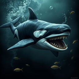 A fearsome hybrid creature that combines the features of a whale shark, a male orca, and a piranha, showcasing a wild and intimidating presence