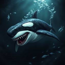 A fearsome hybrid creature that combines the features of a whale shark, a male orca, and a piranha, showcasing a wild and intimidating presence