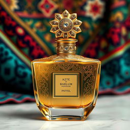 A luxurious perfume bottle inspired by Aztec aesthetics, featuring intricate geometric patterns and vibrant colors typical of Aztec artistry