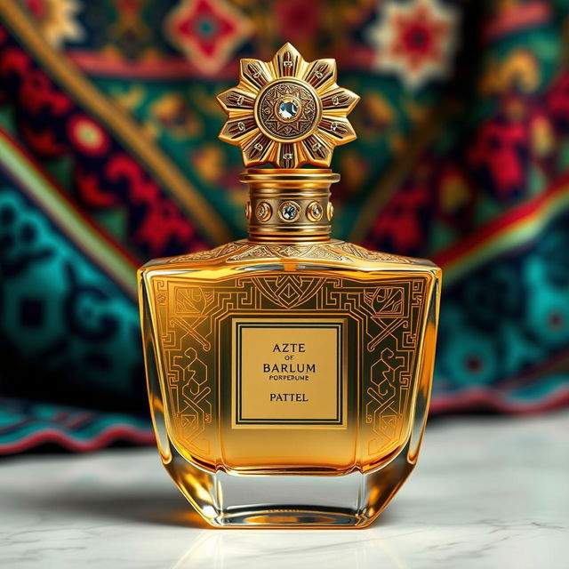 A luxurious perfume bottle inspired by Aztec aesthetics, featuring intricate geometric patterns and vibrant colors typical of Aztec artistry