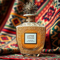 A luxurious perfume bottle inspired by Aztec aesthetics, featuring intricate geometric patterns and vibrant colors typical of Aztec artistry