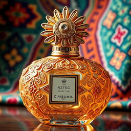 A luxurious perfume bottle inspired by Aztec aesthetics, featuring intricate geometric patterns and vibrant colors typical of Aztec artistry