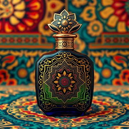 A luxurious perfume bottle with an Eastern-inspired design infused with Aztec elements