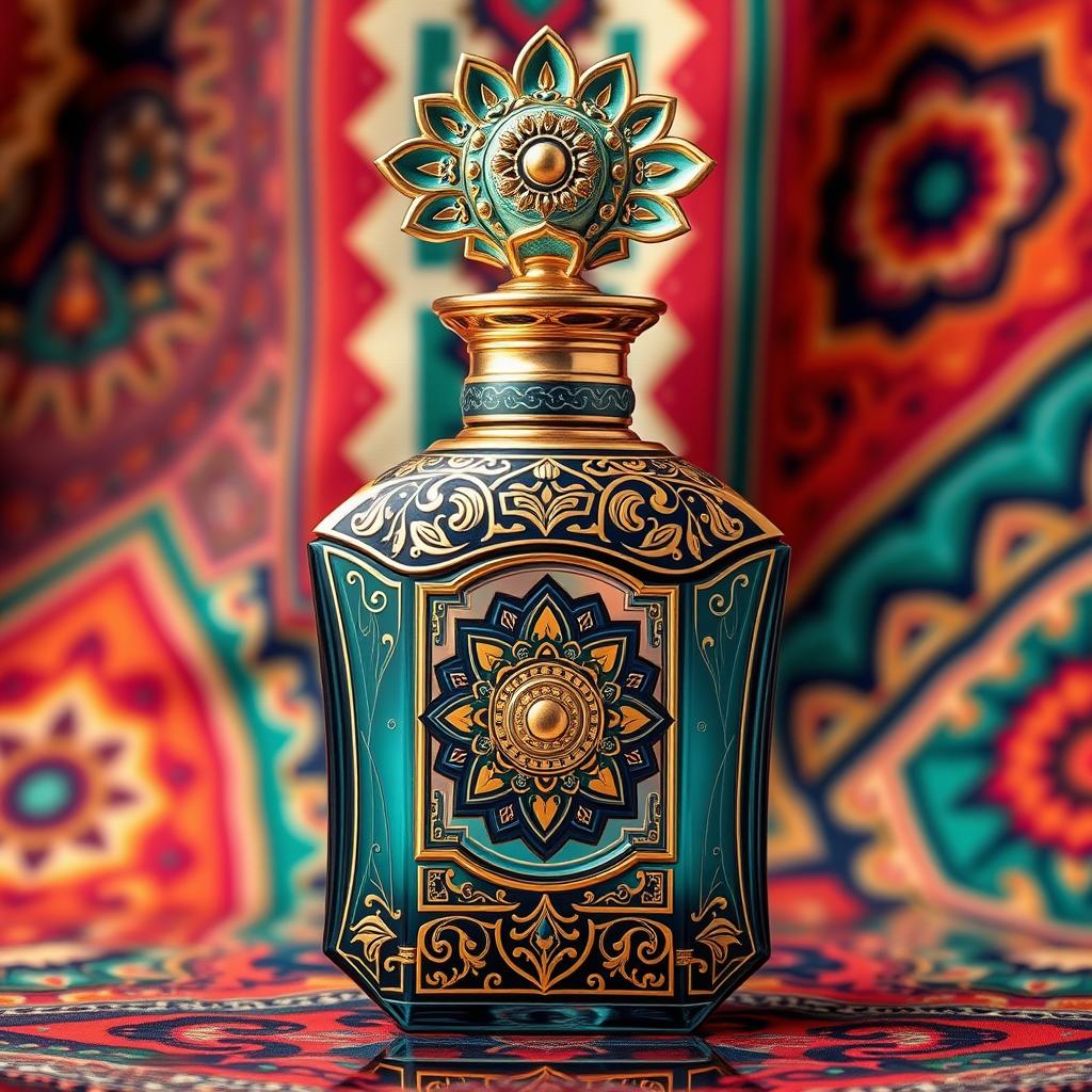 A luxurious perfume bottle with an Eastern-inspired design infused with Aztec elements