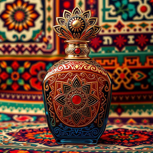 A luxurious perfume bottle with an Eastern-inspired design infused with Aztec elements