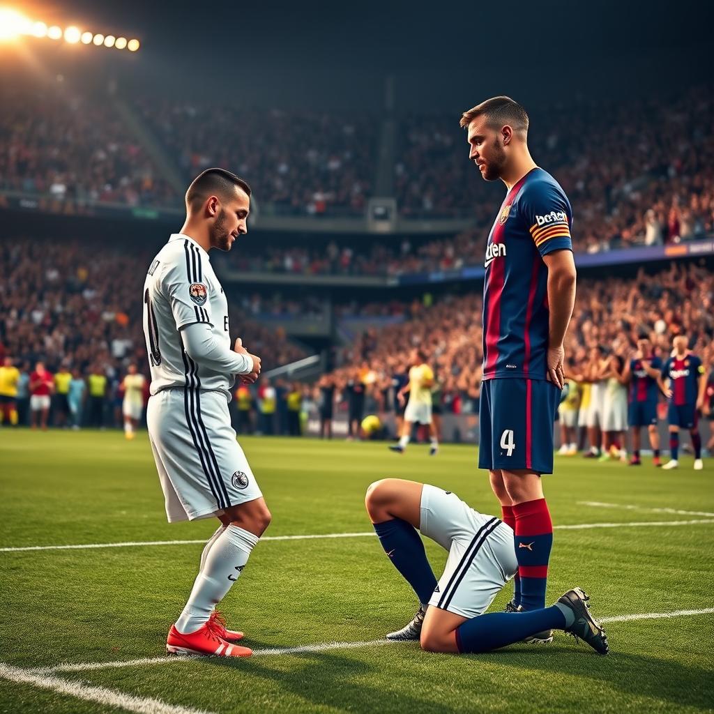 A poignant scene on the football field featuring a Real Madrid player in a white kit kneeling respectfully in front of a Barcelona FC player dressed in their classic blue and garnet uniform
