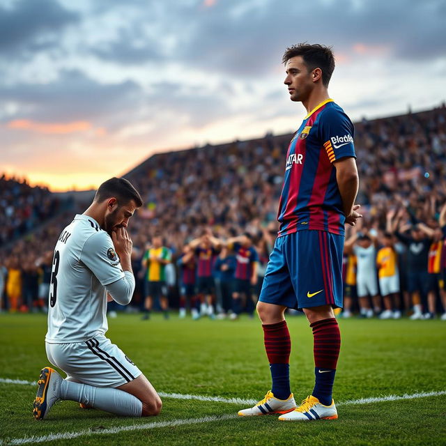 A poignant scene on the football field featuring a Real Madrid player in a white kit kneeling respectfully in front of a Barcelona FC player dressed in their classic blue and garnet uniform