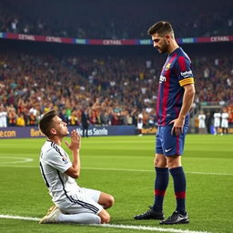 A poignant scene on the football field featuring a Real Madrid player in a white kit kneeling respectfully in front of a Barcelona FC player dressed in their classic blue and garnet uniform