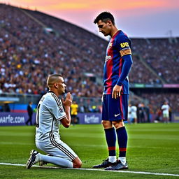 A poignant scene on the football field featuring a Real Madrid player in a white kit kneeling respectfully in front of a Barcelona FC player dressed in their classic blue and garnet uniform