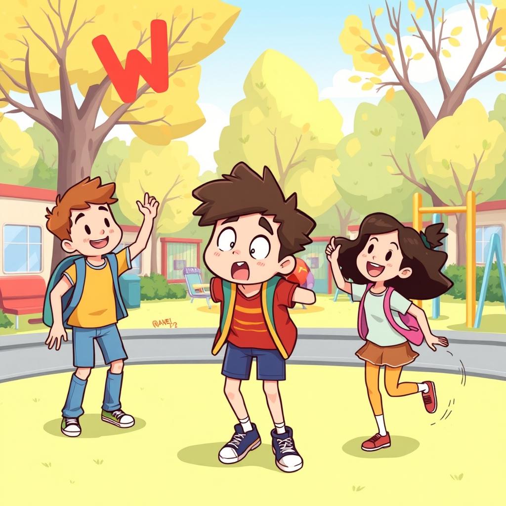 A humorous and lighthearted illustration of a person getting playfully wedgied at a schoolyard, showcasing a playful interaction among friends