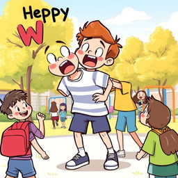 A humorous and lighthearted illustration of a person getting playfully wedgied at a schoolyard, showcasing a playful interaction among friends