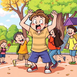 A humorous and lighthearted illustration of a person getting playfully wedgied at a schoolyard, showcasing a playful interaction among friends