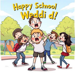 A humorous and lighthearted illustration of a person getting playfully wedgied at a schoolyard, showcasing a playful interaction among friends