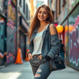 A confident young woman weighing 70 kilograms, standing tall and proud in a stylish urban outfit