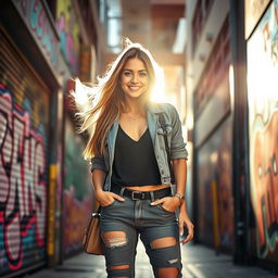 A confident young woman weighing 70 kilograms, standing tall and proud in a stylish urban outfit